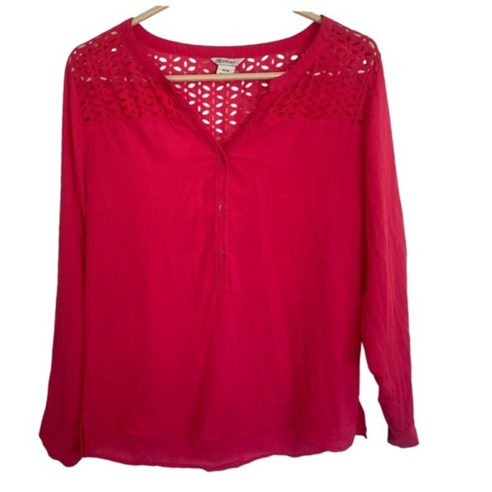 Ariat‎ Womens Medium Blouse Top Pink Long Sleeve Button Laser Cut